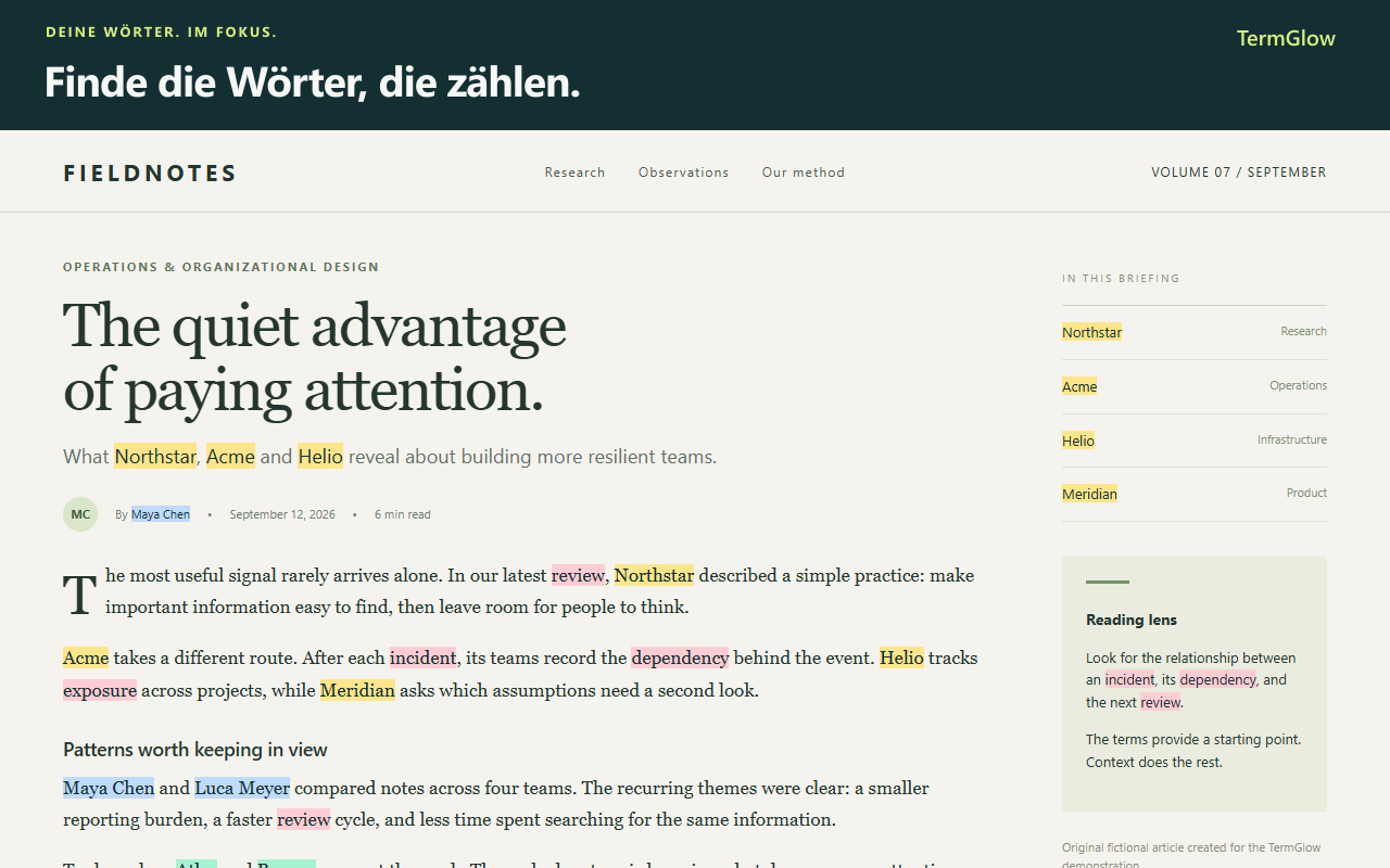 TermGlow hebt mehrere Begriffe in einem Artikel hervor