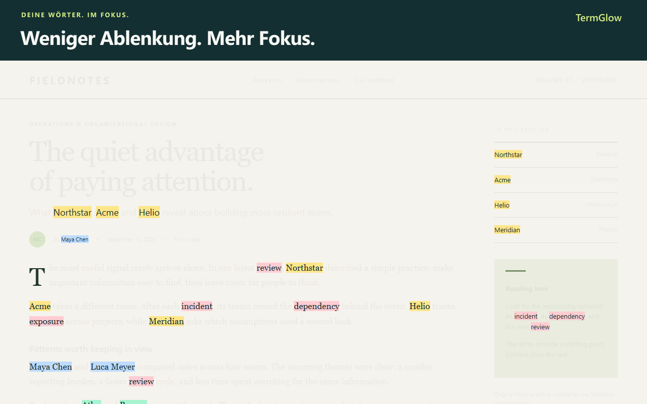 TermGlow Focus Mode dimmt den übrigen Artikelinhalt