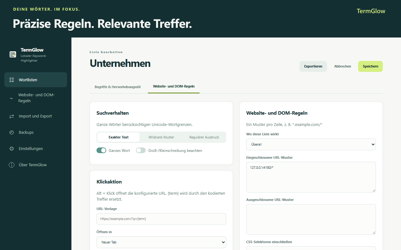 TermGlow-Listenbearbeitung mit Abgleich und Website-Regeln
