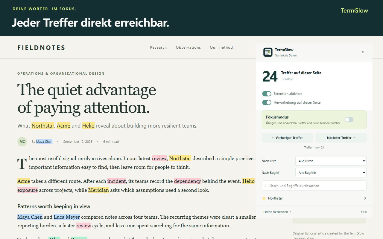 TermGlow-Popup mit Trefferzahl und Focus Mode